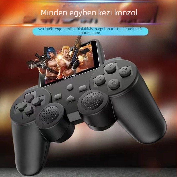Kézben fogható retro arcade konzol 520 beépített játékkal, kétjátékos mód, 8 bites operációs rendszer, nosztalgikus stílus