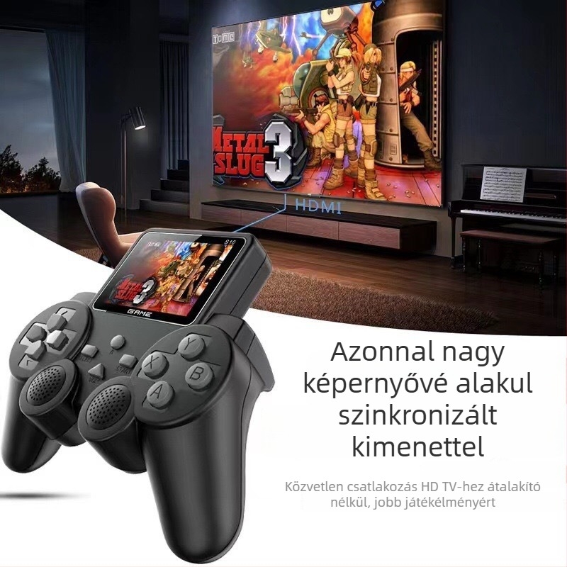 Kézben fogható retro arcade konzol 520 beépített játékkal, kétjátékos mód, 8 bites operációs rendszer, nosztalgikus stílus