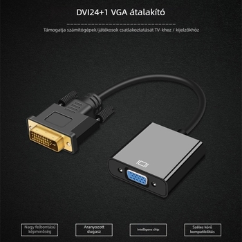 DVI–VGA adapter kábel, 24+1 csatlakozó, 1080P, Plug and Play, 23 cm