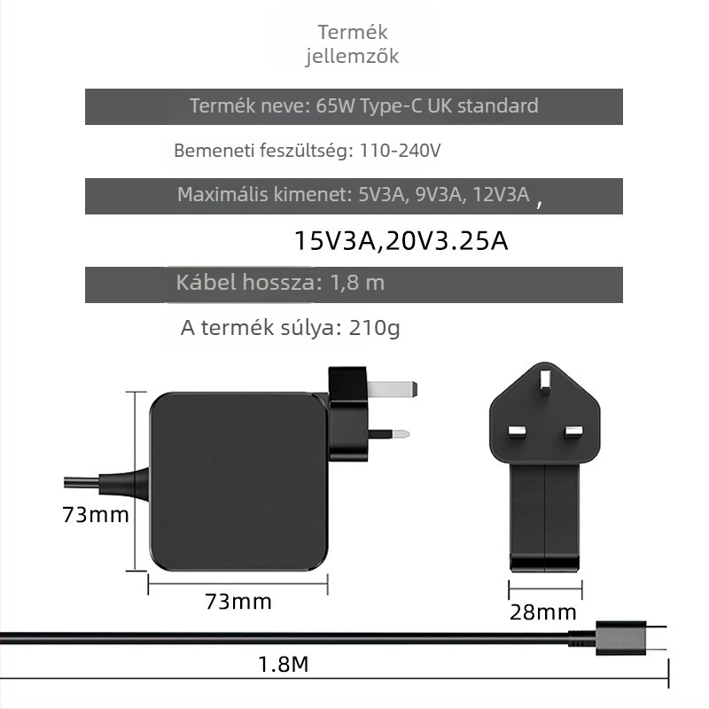 65W USB-C töltő Lenovo laptopokhoz, PD20V, kimenet 5-20V / 3A, bemenet 110-240V
