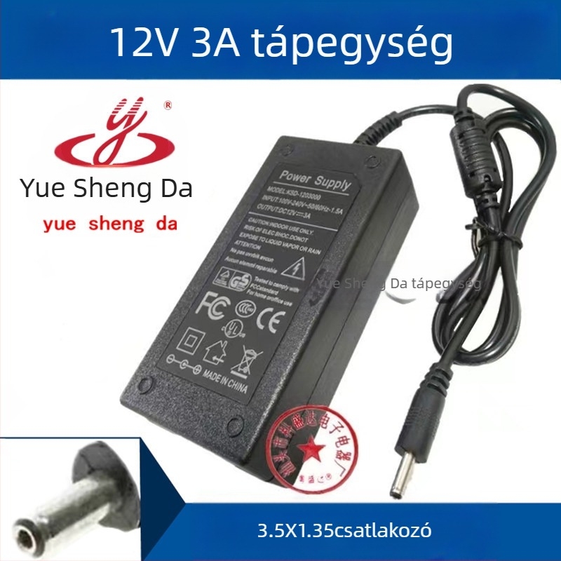 Shengda 12V 3A DC tápegység 3.5×1.35mm csatlakozóval, bemenet 100–240V, modell 12V3A3.5X1.35mm, alkalmas monitorhoz, laptophoz, tabletához és digitális képkerethez