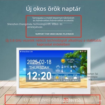 WiFi‑vel ellátott digitális óra örök kalendáriummal, időjárás-előrejelzés, hőmérséklet és páratartalom; 1024×600 felbontás; SD-kártya és USB flash memória támogatás otthoni asztali használatra
