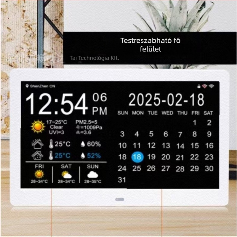 WiFi‑vel ellátott digitális óra örök kalendáriummal, időjárás-előrejelzés, hőmérséklet és páratartalom; 1024×600 felbontás; SD-kártya és USB flash memória támogatás otthoni asztali használatra