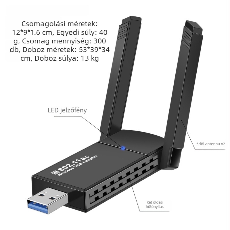 USB vezeték nélküli hálózati kártya Bluetooth 5.4-gyel – Kettős sávú Wi‑Fi 6, 1200 Mbps, meghajtó nélkül