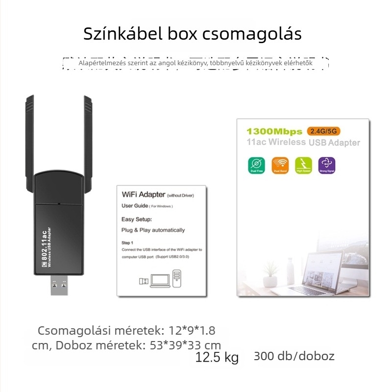 USB vezeték nélküli hálózati kártya Bluetooth 5.4-gyel – Kettős sávú Wi‑Fi 6, 1200 Mbps, meghajtó nélkül