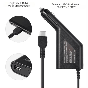 Type-C PD autós töltő laptophoz, 100W, bemenet 12-24V, kimenet 5-20V, 5A, kompatibil Lenovo/Asus/Apple/Huawei/Xiaomi