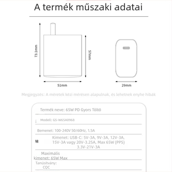 USB-C PD65W töltő egyetlen porttal, kimenet 20V/3.25A, bemenet 100-240V