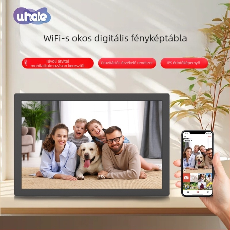 WiFi Digitális Fotókeret érintőképernyővel és gravitációs érzékelővel, 1280x800 felbontás, 32 GB tárhely, TF-kártya támogatás, Videólejátszás