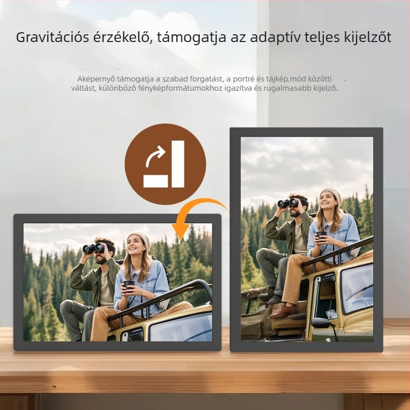 WiFi Digitális Fotókeret érintőképernyővel és gravitációs érzékelővel, 1280x800 felbontás, 32 GB tárhely, TF-kártya támogatás, Videólejátszás