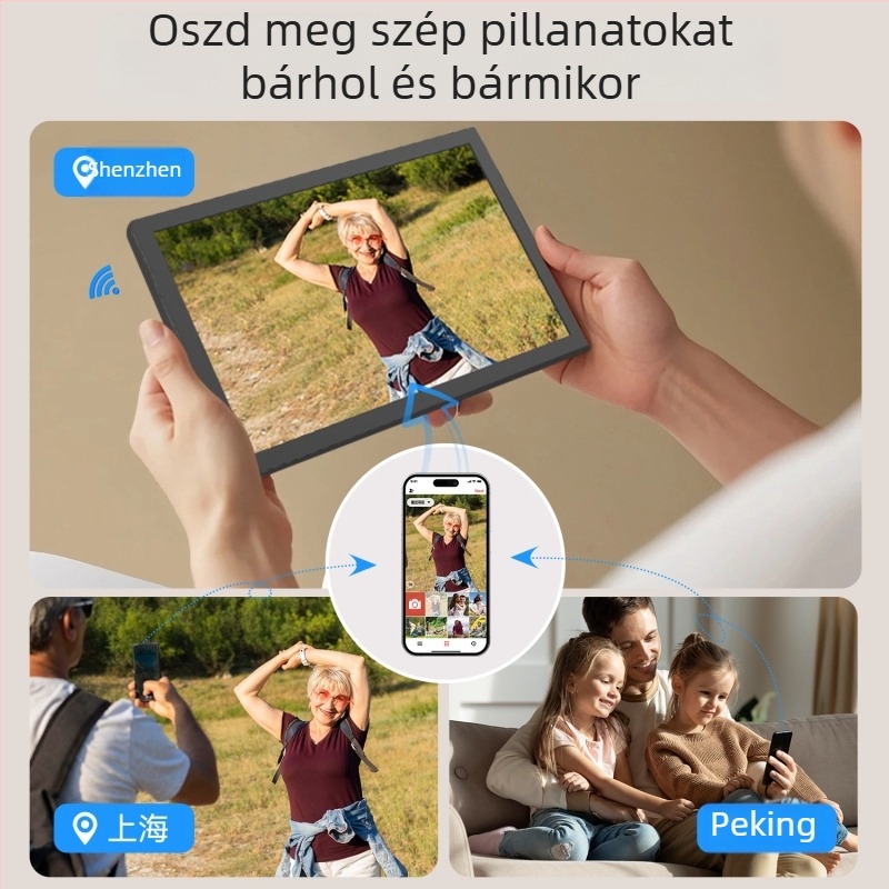WiFi Digitális Fotókeret érintőképernyővel és gravitációs érzékelővel, 1280x800 felbontás, 32 GB tárhely, TF-kártya támogatás, Videólejátszás