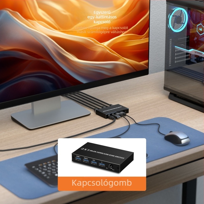 HDMI KVM kapcsoló EL-0002 — 2 bemenet / 1 kimenet vagy 1 bemenet / 2 kimenet, 4K@60Hz, Windows 7 kompatibilis