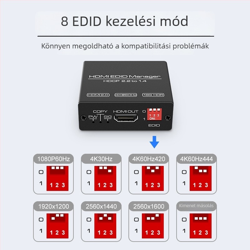 EDID-kezelő HDMI kapcsoló: felbontásbeállítás 4K60Hz-ről 1080p-re, HDCP 2.2, EDID-kezelés, OEM-feldolgozás, irodai értekezletekhez