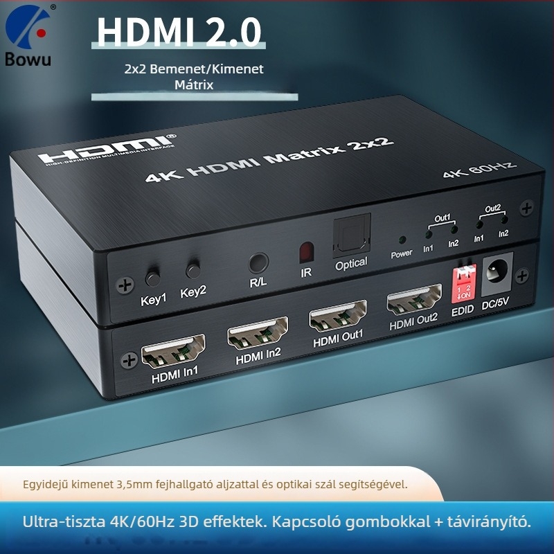 HDMI mátrix kapcsoló 2x2, 4K60Hz, optikai rost, 3,5 mm-es audió kivitel