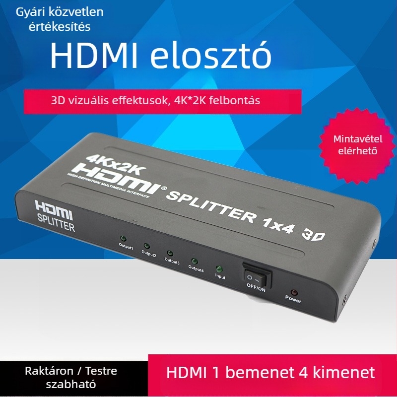 HDMI 1x4 kapcsoló/elosztó — 4K×2K videó elosztás, 1 bemenet, 4 kimenet, energiaellátás-kezelés támogatott