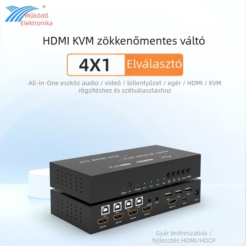HDMI KVM kapcsoló 4-portos osztóval, hangkivonatolás, 4K/1080p támogatás, távoli ébresztés, energiagazdálkodás