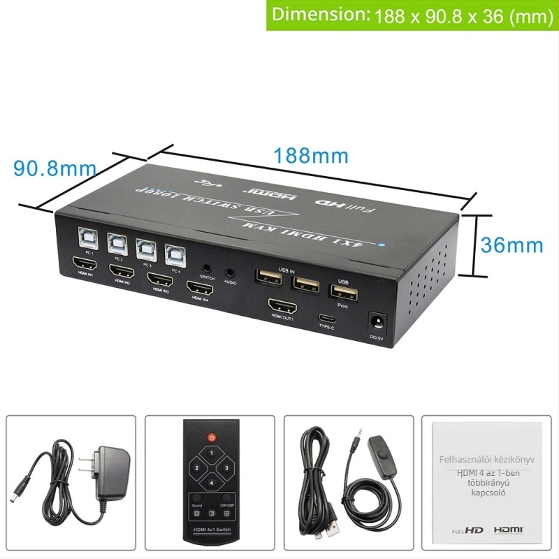 HDMI KVM kapcsoló 4-portos osztóval, hangkivonatolás, 4K/1080p támogatás, távoli ébresztés, energiagazdálkodás