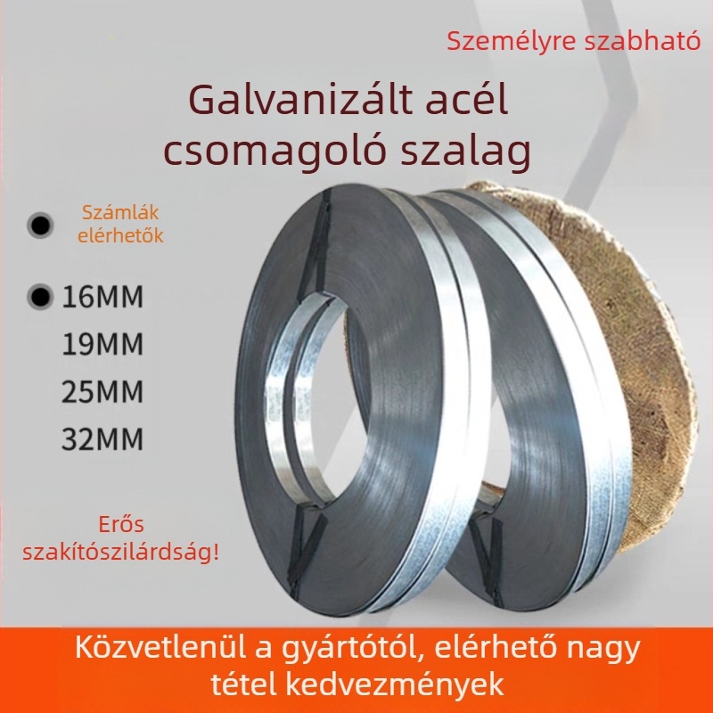 Ipari osztályú galvanizált acél heveder, építőanyagok csomagolására, húzóerő 200 kg, tekercs belső átmérője 300 mm