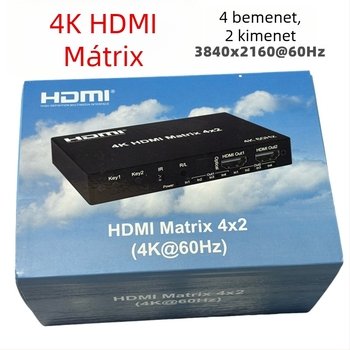 HDMI 2.0 4x2-es videó mátrix kapcsoló, 4 bemenet/2 kimenet, 4K60Hz, optikai audio szétválasztás és 3,5 mm