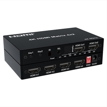 HDMI 2.0 4x2-es videó mátrix kapcsoló, 4 bemenet/2 kimenet, 4K60Hz, optikai audio szétválasztás és 3,5 mm