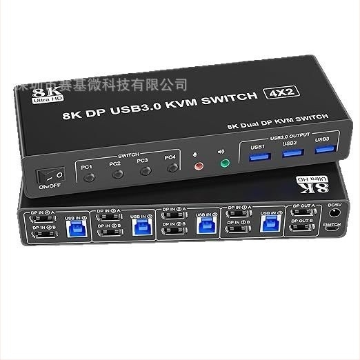 KVM kapcsoló DP402B-U3DD, 4 bemenet/2 kimenet, kétmonitoros, USB billentyűzet és egér megosztva két PC között, 8K60Hz/4K120Hz