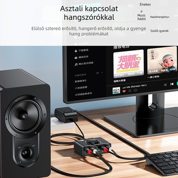 1→2 Audio kapcsoló- és erősítő tápellátással, 3,5 mm állítható hangerő és RCA csatlakozás