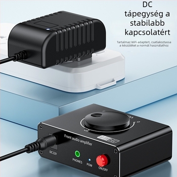 1→2 Audio kapcsoló- és erősítő tápellátással, 3,5 mm állítható hangerő és RCA csatlakozás
