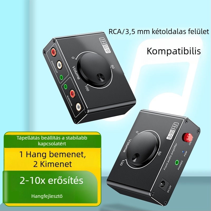 1→2 Audio kapcsoló- és erősítő tápellátással, 3,5 mm állítható hangerő és RCA csatlakozás