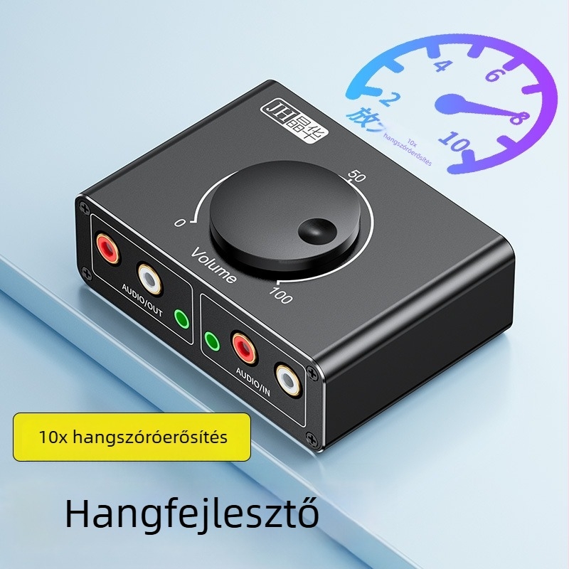 1→2 Audio kapcsoló- és erősítő tápellátással, 3,5 mm állítható hangerő és RCA csatlakozás