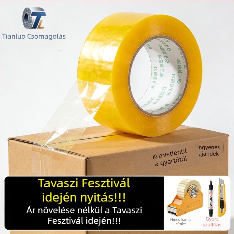 Átlátszó csomagoló ragasztószalag, BOPP film, forró olvadék ragasztó, erős tapadás, jó tartósság, alkalmas zárásra és csomagolásra, hőmérsékleti tartomány -20–40 °C