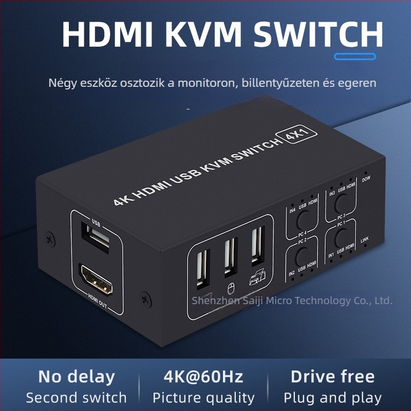 HDMI KVM kapcsoló, 4 bemenet 1 kimenet, négy számítógép megoszt egy monitort és billentyűzetet/egérrel, HK4401 modell, 4K felbontás, Windows 7 kompatibilis