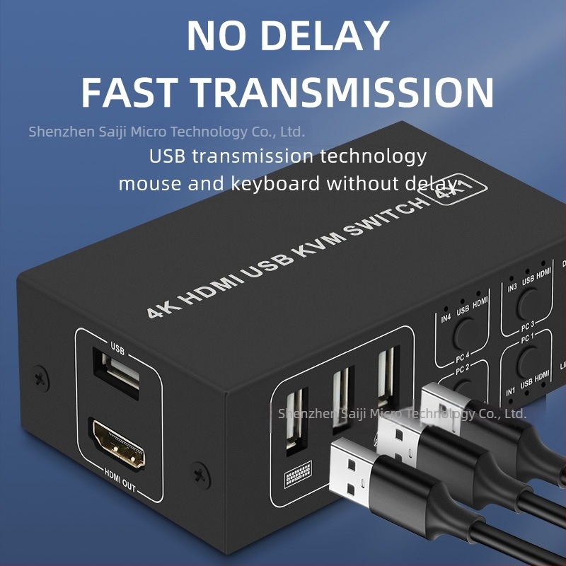 HDMI KVM kapcsoló, 4 bemenet 1 kimenet, négy számítógép megoszt egy monitort és billentyűzetet/egérrel, HK4401 modell, 4K felbontás, Windows 7 kompatibilis