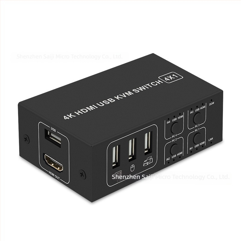 HDMI KVM kapcsoló, 4 bemenet 1 kimenet, négy számítógép megoszt egy monitort és billentyűzetet/egérrel, HK4401 modell, 4K felbontás, Windows 7 kompatibilis