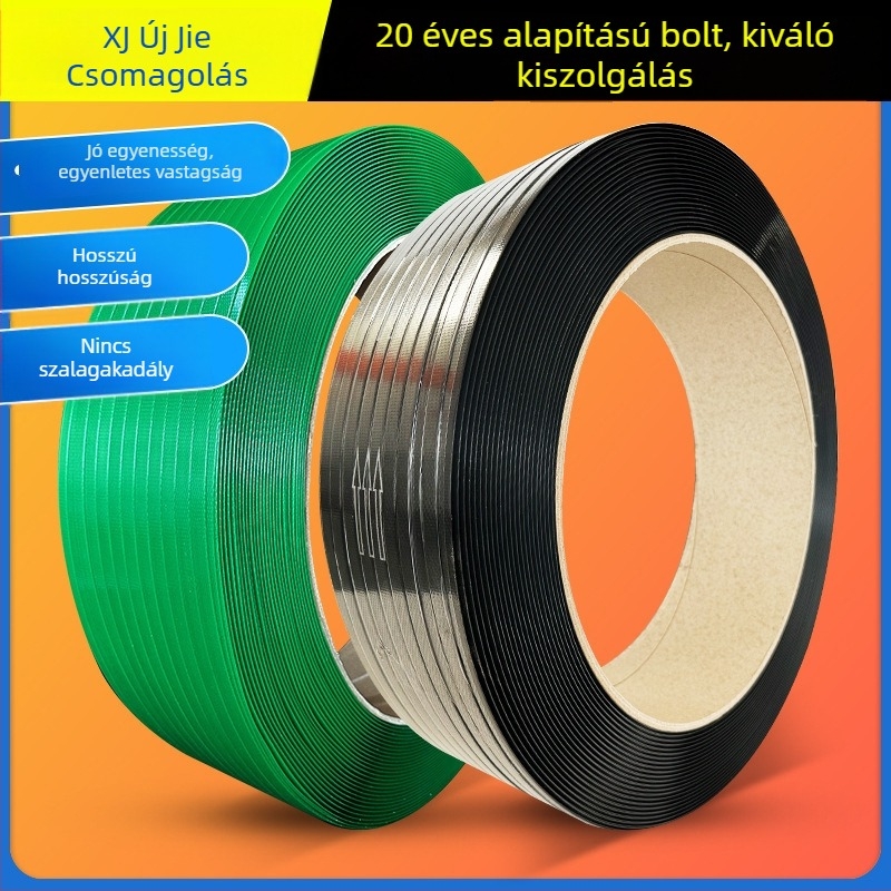 PET műanyag‑acél szalag csomagoláshoz, nagy szakítószilárdságú 420 kg, tekercs Ø400 mm, modellek 1207/1608/1606/1910