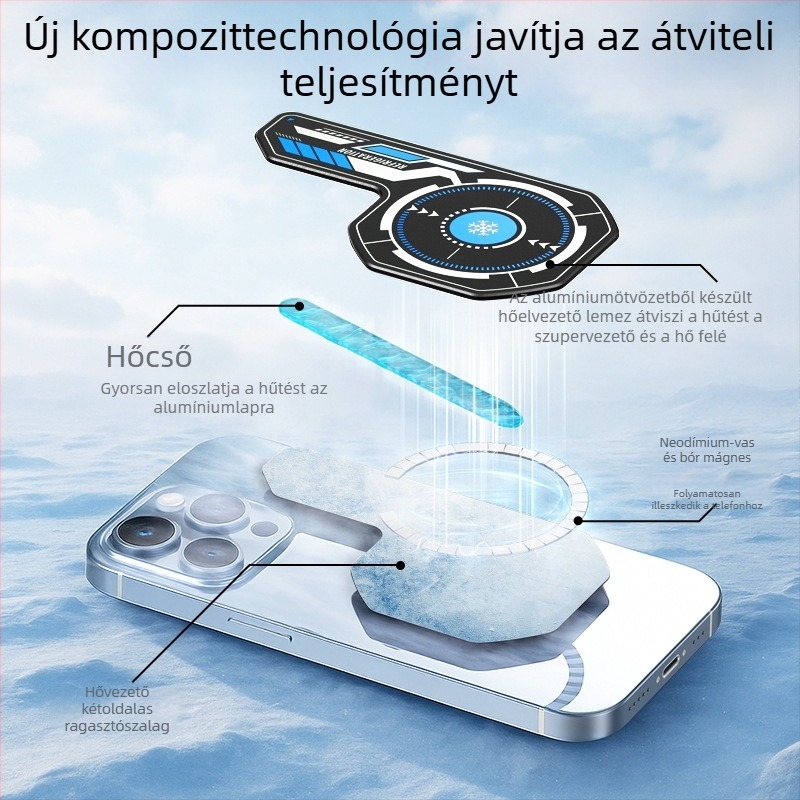 Mobiltelefon hűtő radiátor mágneses NdFeB lemezzel és hővezető kétoldalas ragasztószalaggal, alumínium ötvözet, 19 g, modell J01
