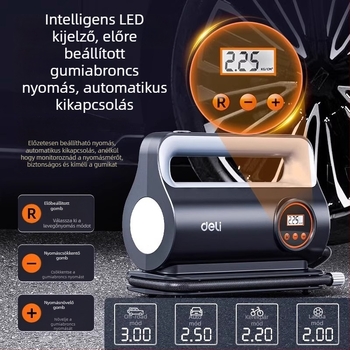 Járműhöz tervezett hordozható elektromos gumipumpa, 12V, 100W, digitális kijelző, 30 L/perc, gyors felfúvás