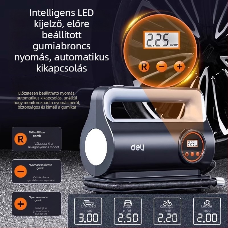 Járműhöz tervezett hordozható elektromos gumipumpa, 12V, 100W, digitális kijelző, 30 L/perc, gyors felfúvás