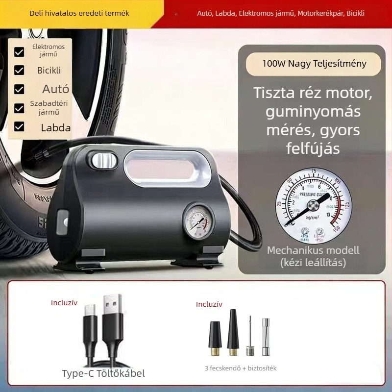 Járműhöz tervezett hordozható elektromos gumipumpa, 12V, 100W, digitális kijelző, 30 L/perc, gyors felfúvás
