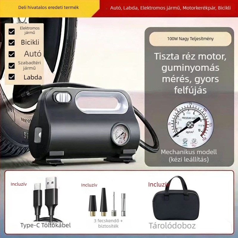 Járműhöz tervezett hordozható elektromos gumipumpa, 12V, 100W, digitális kijelző, 30 L/perc, gyors felfúvás