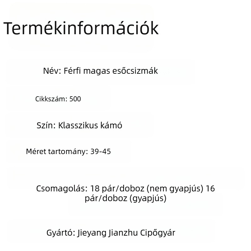 Férfi magasan lévő esőcsizmái – csúszásmentes, kopásálló, meleg bélés, kamuflázs mintázat, négy évszakos viselet