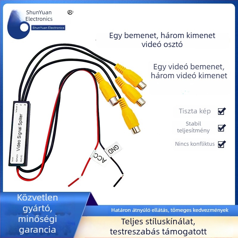 Autóhordozós videójel konverter és AV osztó, 1 bemenet / 3 kimenet, több felülettel, modell SY-1T3; Típus: kapcsoló/elosztó; Felbontás: SD; Távoli ébresztés: nem támogatott; Vonalhossza: 0,40