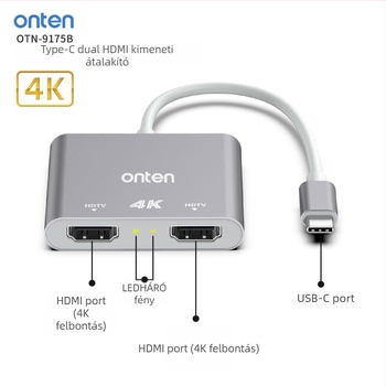 ONTEN OT-9175B Type-C a dupla HDMI 4K@60Hz multi-képernyős kapcsoló PC-hez és mobilhoz, Windows kompatibilis
