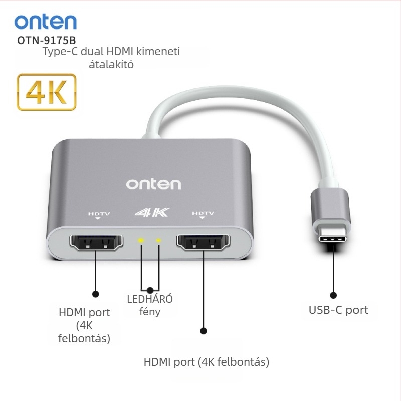 ONTEN OT-9175B Type-C a dupla HDMI 4K@60Hz multi-képernyős kapcsoló PC-hez és mobilhoz, Windows kompatibilis