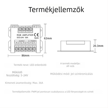 RGB erősítő fémből készült házban, 5–24V, zárható csavaros terminál, IP20, LED-vezérlő