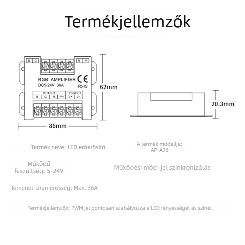 RGB erősítő fémből készült házban, 5–24V, zárható csavaros terminál, IP20, LED-vezérlő