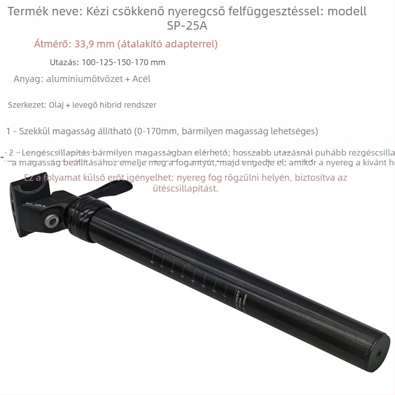 Összecsukható kerékpár állítható magasságú nyeregcsővel és lengéscsillapítással, 33,9 mm átmérő, olaj-gáz hibrid