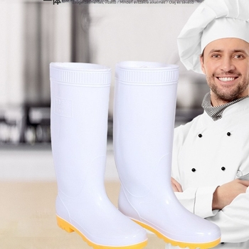 Shuangcheng magascsövű PVC esőcsizma munkahelyre, csúszásmentes, PU bélés, gumitalp, sarok 8 cm felett