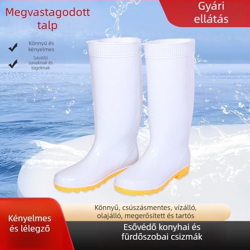 Shuangcheng magascsövű PVC esőcsizma munkahelyre, csúszásmentes, PU bélés, gumitalp, sarok 8 cm felett