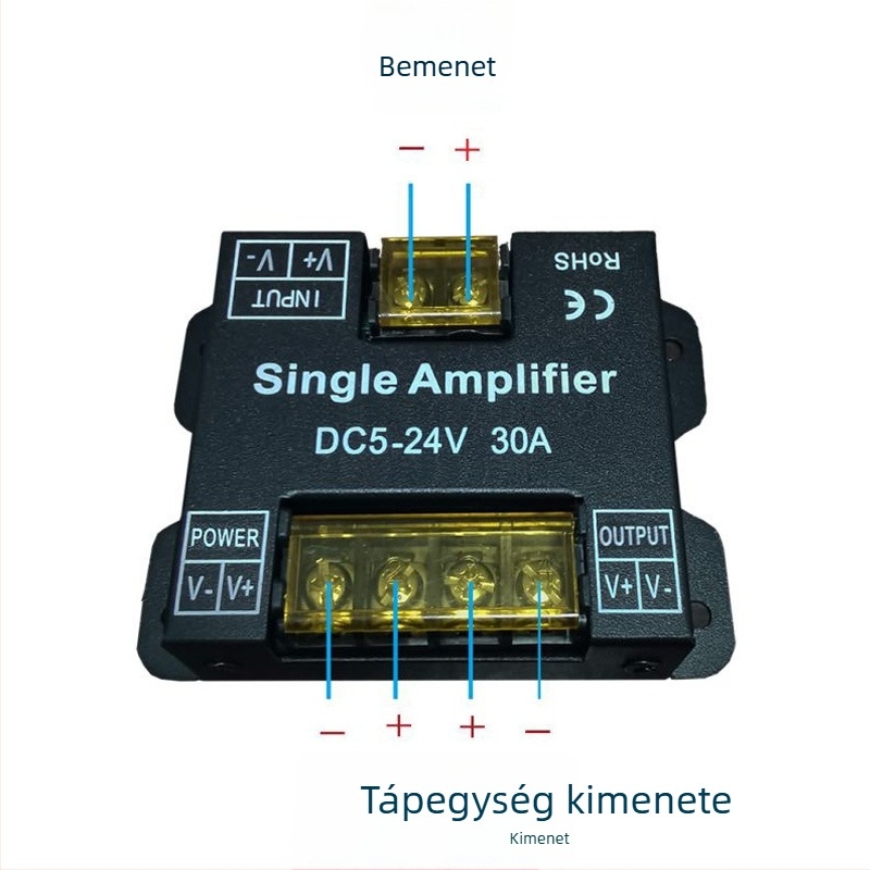LED szalag-erősítő modul Monokróm, Hgx_0508a, 12–24V, PWM jel, 0–100% fényerő-szabályozás, csavaros vezérlés