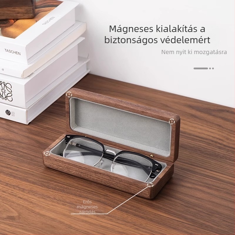 Autó szemüveg tok fekete diófa tömörfából, retro hordozható dizájn, logónyomtatás elérhető, könnyű luxus stílus