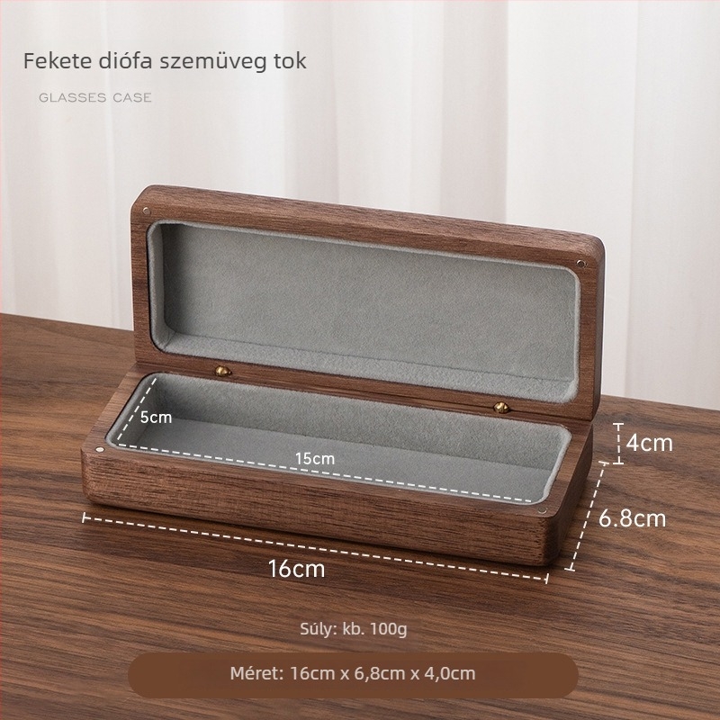 Autó szemüveg tok fekete diófa tömörfából, retro hordozható dizájn, logónyomtatás elérhető, könnyű luxus stílus